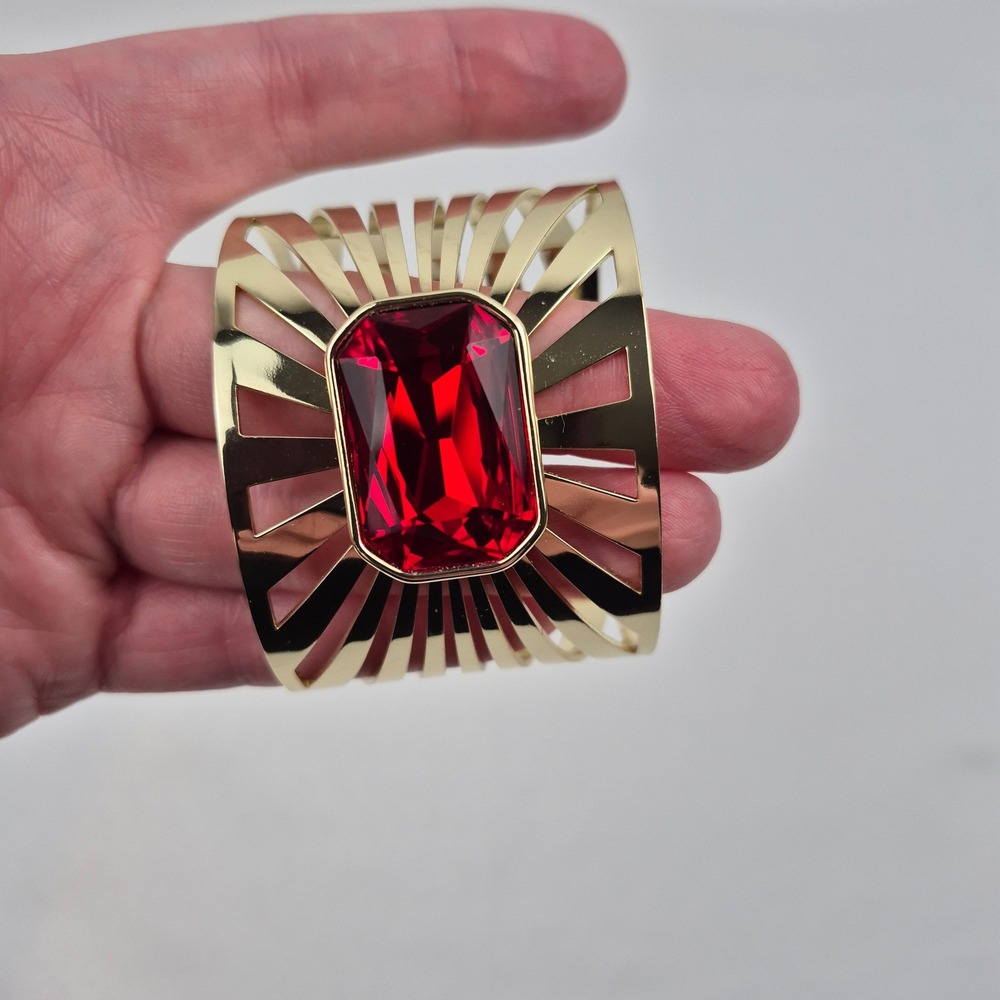 Heidi Daus Sunray Goldtone Octagonal Stone Cuff Bracelet Red Art Deco Style NWOT - Picture 6 of 9